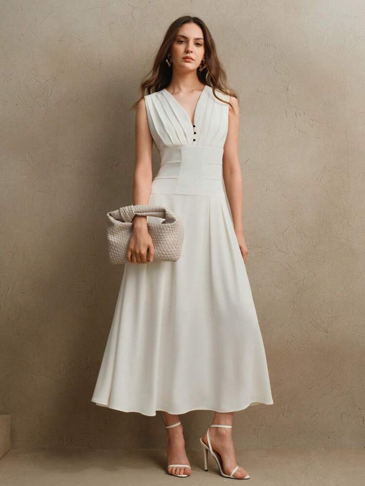 Elegant White Woven Sleeveless V-Neck Cinched Waist Summer Dress For Women, Fashion, Festival, Vacation Outfits