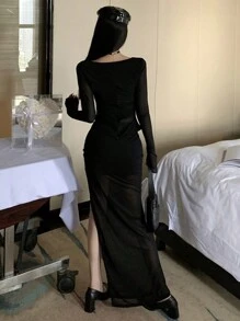 DAZY Women Net Patchwork Crop Top And Skirt 2 Pieces Set, Spring/Summer - Black - View 2