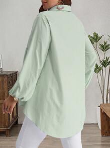 EMERY ROSE 大码冬季女式休闲条纹灯笼袖衬衫，度假风，波西米亚风，夏季女装 - 綠色 - 查看 2