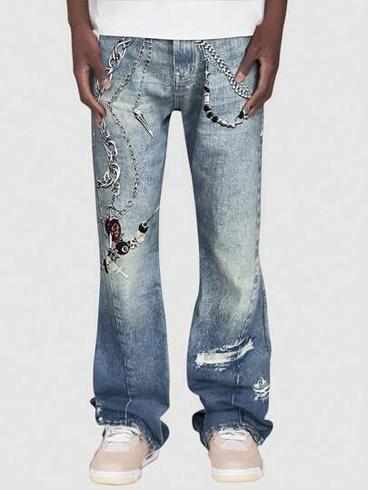 Street Life Jeans décontractés à jambe évasée avec motif de chaîne pour hommes