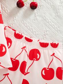 2pcs Tween Girls Cherry Print Pink Round Neck Short Sleeve Top And Shorts Snug Fit Pajama Set - Baby Pink - View 6