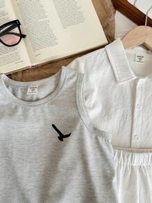 LMoss Kids 3pcs/Set Young Boy Casual Everyday Versatile Printed Collared Short Sleeve Shirt, Sleeveless Knit Vest, And Woven Shorts Set, Suitable For Spring/Summer, Daily, Sports, Outings, School, Gatherings, Holidays, Photo-Shooting, Back-To-School Cute Clotehs