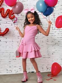 Vestido informal de color rosa liso con detalles de lazo y tirantes de espagueti minimalista, adecuado para el tiempo libre y vacaciones, cumpleaños, para niñas preadolescentes