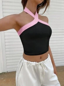 Muchica Women's Contrast Color Patchwork Halter Neck Casual Top, Everyday Wear - Multicolor - View 3