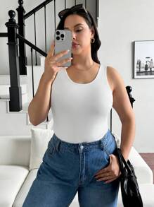 SHEIN Essnce Plus Size Women's Solid Color Round Neck Casual Tank Top - Khaki - View 7