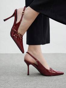 CUCCOO BIZCHIC 勃艮第红色系带尖头高跟鞋，优雅适合工作、约会、聚会、婚礼、度假情人节 - 酒紅色 - 查看 3