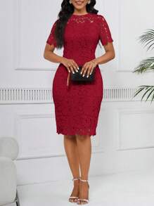 SHEIN Lady 女士纯色圆领短袖镂空休闲修身直筒连衣裙