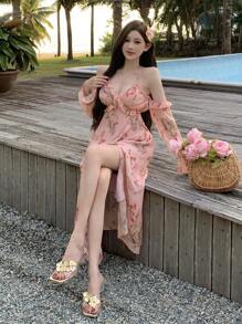 DAZY Vacation Style Beach Ditsy Floral Ruffle Trim Off Shoulder Midi Dress For Women,Summer