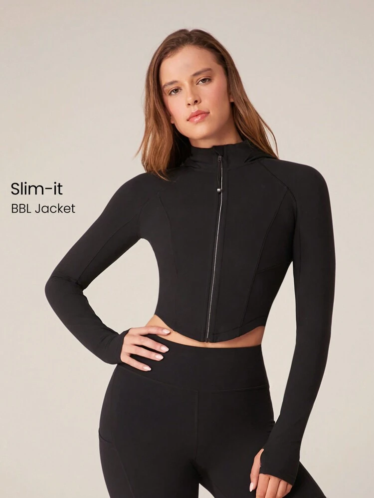 FeatherFit™ Cropped Curve Hem Zip-Up Hooded Long Sleeve Jacket Low Impact Yoga Pilates Daily Spring Summer