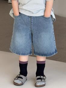 Dazy Kids 年轻男孩纯色拼布口袋简约休闲牛仔短裤 - 藍色 - 查看 2
