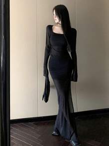 DAZY Women Net Patchwork Crop Top And Skirt 2 Pieces Set, Spring/Summer - Black - View 7