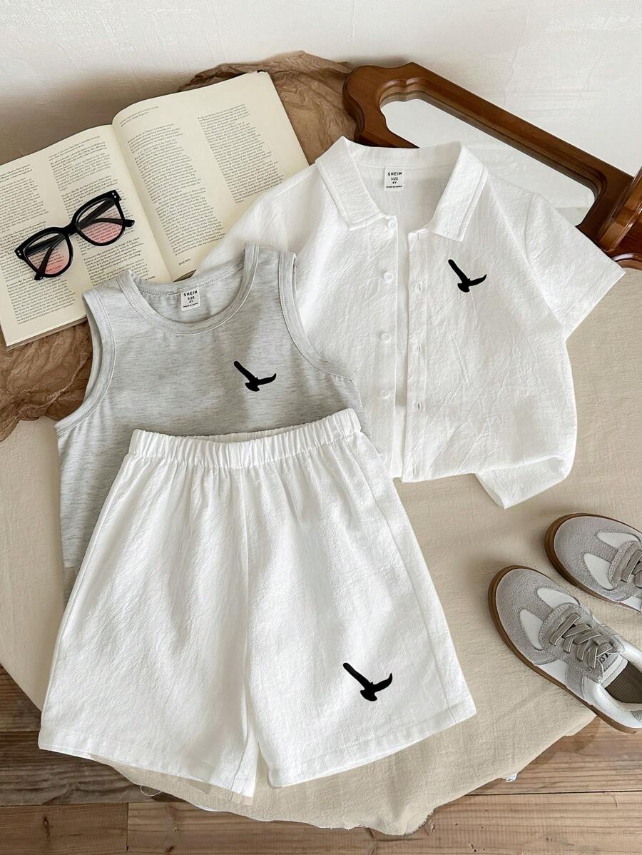 LMoss Kids 3pcs/Set Young Boy Casual Everyday Versatile Printed Collared Short Sleeve Shirt, Sleeveless Knit Vest, And Woven Shorts Set, Suitable For Spring/Summer, Daily, Sports, Outings, School, Gatherings, Holidays, Photo-Shooting, Back-To-School Cute Clotehs