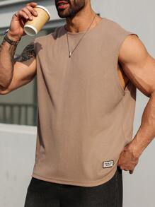 Manfinity Homme Plus Size Men's Solid Color Loose Fit Crew Neck Casual Tank Top - Khaki - View 3