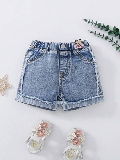 Baby Girls' Rolled Hem Distressed Light Blue Denim Shorts With Cute Bunny Patch, Casual & Versatile Style