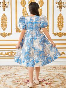 SHEIN 女童合身可爱圆领泡泡袖短裙，提花面料 - 藍色 - 查看 2