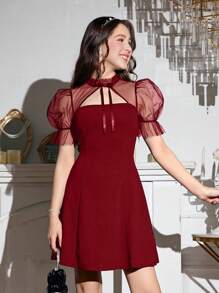 SHEIN Girlism Teen Girls' Red Knit Patchwork Sheer Mesh Ruffle Collar Bow Lantern Sleeve Burgundy Dress, New Year Clothes, Valentine's Day