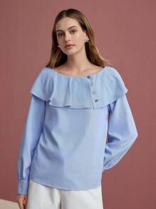 MOTF PREMIUM 条纹荷叶边衬衫 - 藍白色 - 查看 4