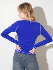 SHEIN EZwear Women's Casual Letter Print Color Block V-Neck Long Sleeve T-Shirt With Drawstring, Fitness Autumn/Winter