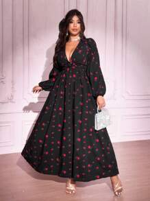 SHEIN Unity Robe élégante à manches lanternes à imprimé floral col V profond, grande taille, Saint-Valentin - Noir - Voir 5
