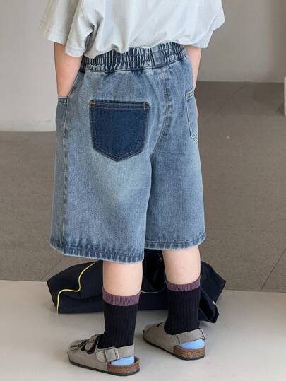 Dazy Kids Ung pojke Enfärgad patchworkficka Enkla Casual jeansshorts
