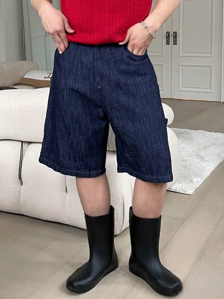 Men's Plain Blue Denim Shorts, Summer Business Attire