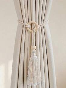 SHEIN 1 件/2 件/4 件绳天然木珠流苏绑带，简约北欧风格窗帘架和装饰 - 米色 - 查看 1