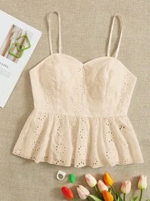 SHEIN VCAY Plus Size Women Boho Solid Color Eyelet Embroidery Ruffle Hem Cami Top, For Summer - Apricot - View 1