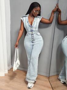 SHEIN Slayr Women's Front Button Sleeveless Pocket Casual Denim Jumpsuit - Light Wash - View 8