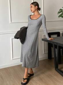 DAZY Women's Crew Neck Long Sleeve Casual Striped Dress, Minimalist Design For Everyday Wear, Fall Clothes Dress - Grey - View 6