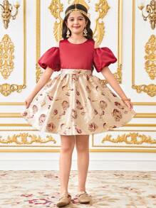 SHEIN Tween Girls' Elegant Glamorous Hollow Out Color Block Round Neck Puff Sleeve Dress - Red - View 1