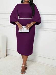 SHEIN Lady Plus Size Solid Color Round Neck Elegant Long Sleeve Dress - Purple - View 5