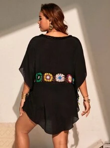 SHEIN Swim Curve Plus Size Women Crochet Patchwork Pullover Short Sleeve Loose Cover Up Dress, Summer Beach Vacation
