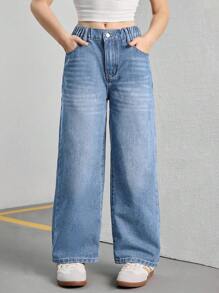 Tween Girls Vintage Loose Wide Leg Jeans, Casual Straight Leg Denim Pants - Light Wash - View 7