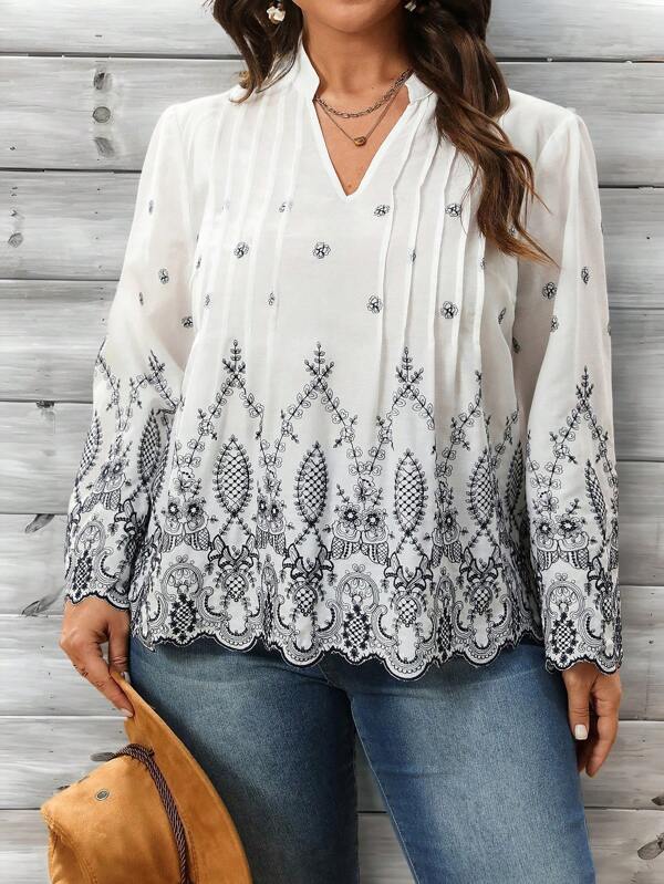 EMERY ROSE Blusa de manga larga con cuello en V y estampado de plantas para mujeres de talla grande, ropa de vacaciones, primavera, vestimenta occidental para mujeres