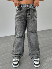 Girls' Minimalist Versatile Distressed Ripped Denim Jeans, Comfortable Washed Straight Leg Pants, Must-Have 2025 Essentials - Grey - View 5