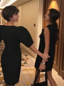 DAZY 女士圆领丝绒撞色直筒迷你连衣裙，春夏派对女士礼服舞会礼服女仆装吊带裙，休闲女士连衣裙优雅女士连衣裙 - 黑色 - 查看 2