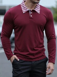 Manfinity Homme Men's Casual Plaid Collar Long Sleeve Polo Shirt For Autumn - Burgundy - View 1