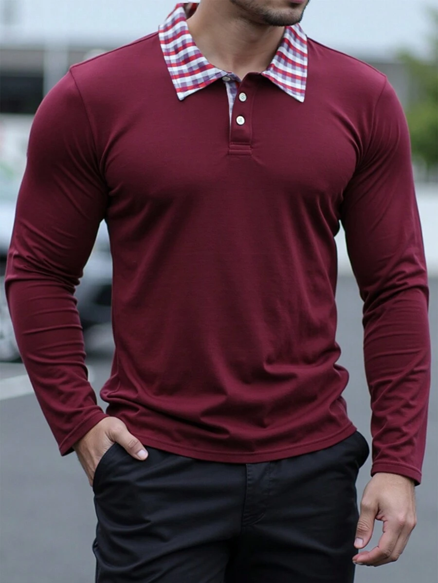 Manfinity Homme Men's Casual Plaid Collar Long Sleeve Polo Shirt For Autumn - Burgundy - View 1