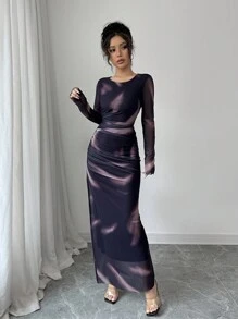 Elenzga Women's Elegant Gradient Color Print Mesh Ruffle Bodycon Maxi Dress Fall Cloth For Women - Purple - View 4