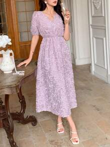 DAZY Women Textured Fabric Short Sleeve Waist Shaping Dress Sundress - Purple - View 3