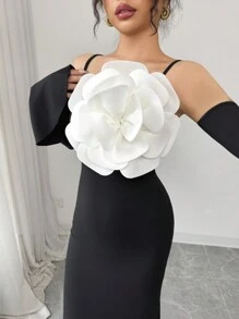 Elenzga Spaghetti Strap Off Shoulder Ruched Mermaid Hem Long Dress With 3D Floral Print And Bell Sleeves - Black - View 6