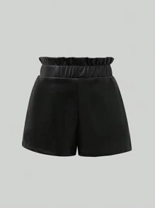 SHEIN Young Girl' All-Match Bowknot Waist PU Leather Shorts, Fashionable & Versatile, One Piece Black