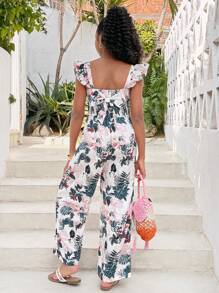 SLAYR KIDS 青少年女孩度假休闲碎花方领短袖连体裤 - 綠色 - 查看 2