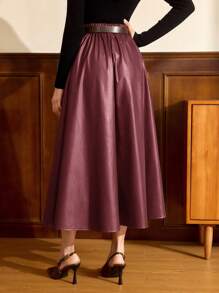 Vintamour Gonna lunga a vita alta in pelle PU stile vintage elegante con tasche, gonna ampia casual/da lavoro, adatta per autunno/inverno, Ringraziamento, Natale, Capodanno e altre occasioni festive - Bordò - Visualizzare 4