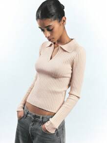 Maija Women's Apricot Knit Collared Zip-Up Top, Versatile Spring Leisure/Business Casual Design, Soft & Comfortable, Pullover Long Sleeve Sweater Old Money - Apricot - View 3