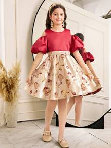 SHEIN Tween Girls' Elegant Glamorous Hollow Out Color Block Round Neck Puff Sleeve Dress - Red - View 5