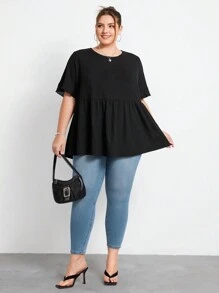 SHEIN CURVE+ 大码女式休闲华夫格针织荷叶边袖黑色 T 恤 - 黑色 - 查看 6