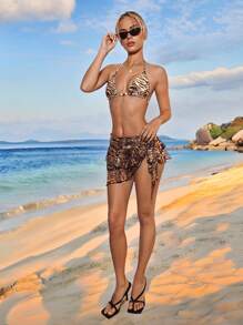 SHEIN ICON Y2k Summer Women Country Concert Beach Vacation Animal Print Tied Wrap Mesh Mini Skirt, Casual Swimwear, Sarong - Multicolor - View 11