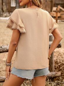 SHEIN LUNE Camisa casual de mujer de unicolor con cuello redondo, volantes y manga corta - Café integral - Ver 4