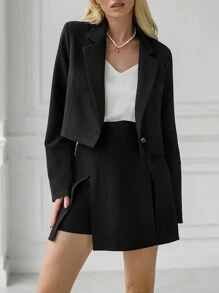 2pcs Women Business Casual Black Pencil Skirt & Blazer Suit Set, Fall/Winter - Black - View 3